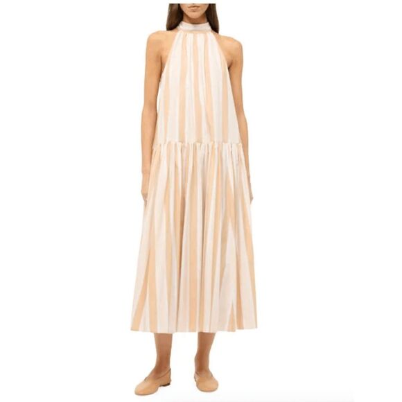 NWT Staud Marlowe Striped Halter Tie Neck Sleeveless Midi Dress Tan White Small - Picture 3 of 10